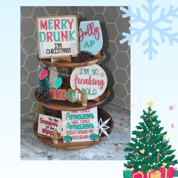 Handmade Jolly AF Funny Christmas Tiered Tray Decor Set (Tray Not Included) - Picture 1 of 9